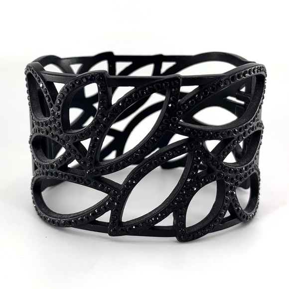 Black Rhinestone Encrusted Hollow Leaf Patterned Hinged Cuff Bracelet - Picture 1 of 14
